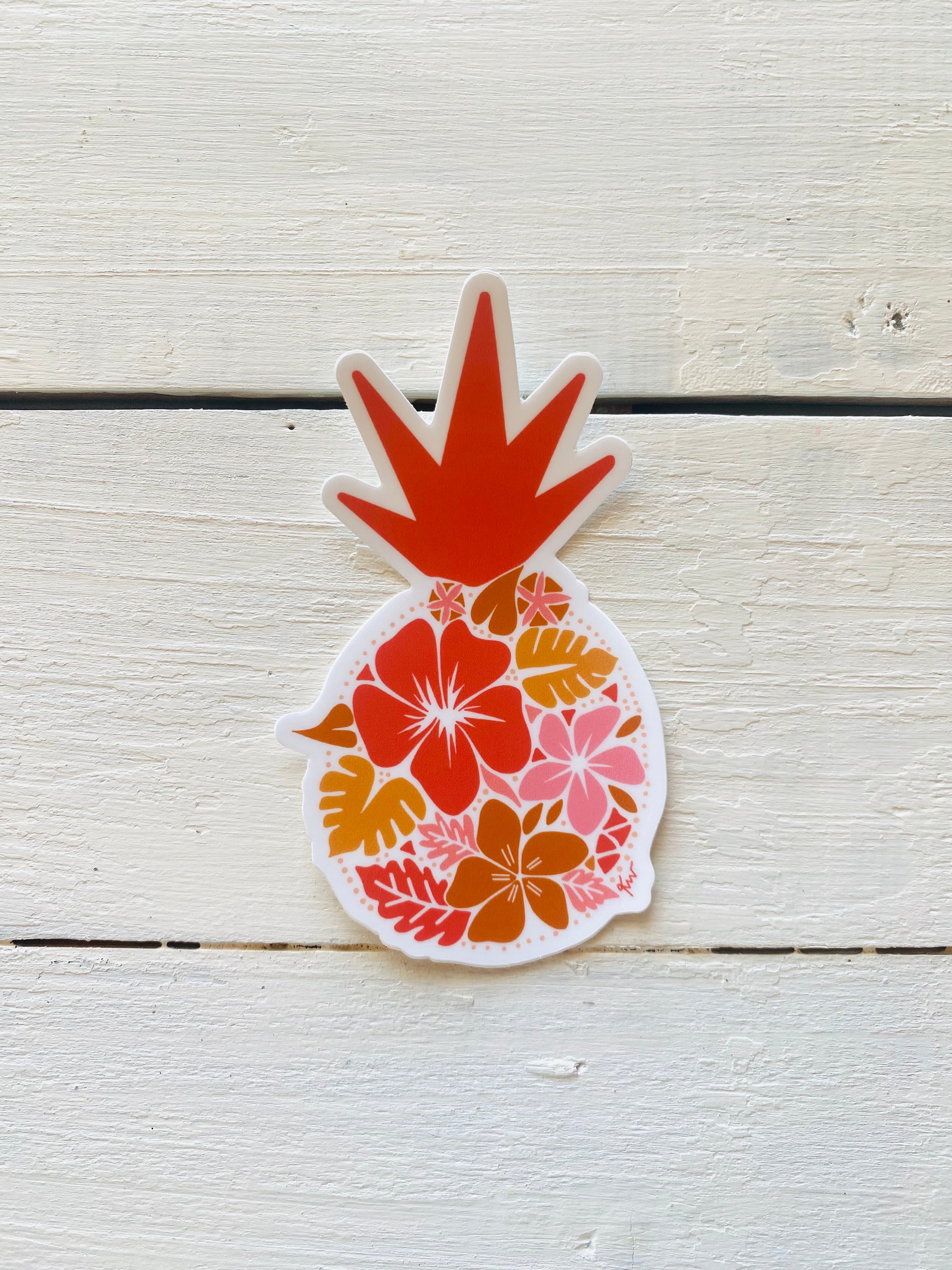 Tropical Aloha Pineapple Sticker - Hibiscus, Monstera, starfish, island, Hawaii, vintage, stickers, fruit stickers, mahalo